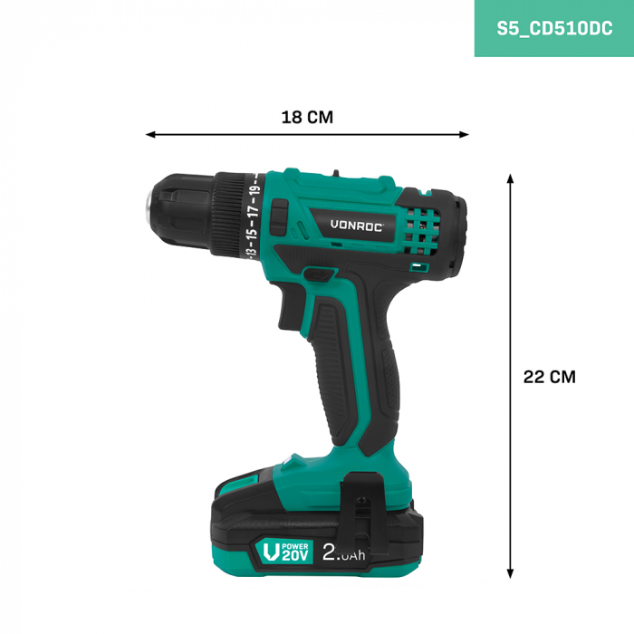 Cordless Drill 20V | Incl. 2.0Ah Battery, Charger, and 46 accessories in premium case