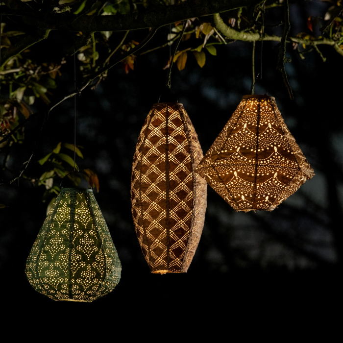 Luna solar lantern Pentagon with LED – 300x300mm – Gold | Handmade/weather resistant