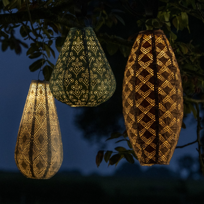 Luna solar lantern Pentagon with LED – 300x300mm – Gold | Handmade/weather resistant