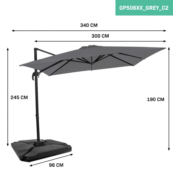 Cantilever parasol Pisogne 300x300cm – Premium parasol - Grey | Incl. fillable parasol tiles