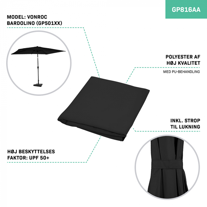 Udskiftningsdug – 200x300cm – Til Stangparasol Rapallo GP507XX | Sort