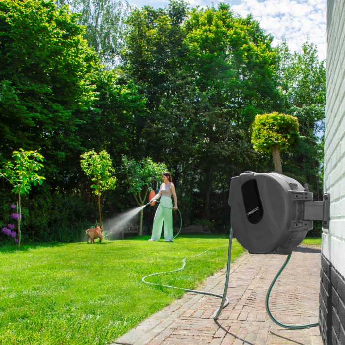 Automatic hose reel – Black - Incl. 25m garden hose, nozzle and couplings