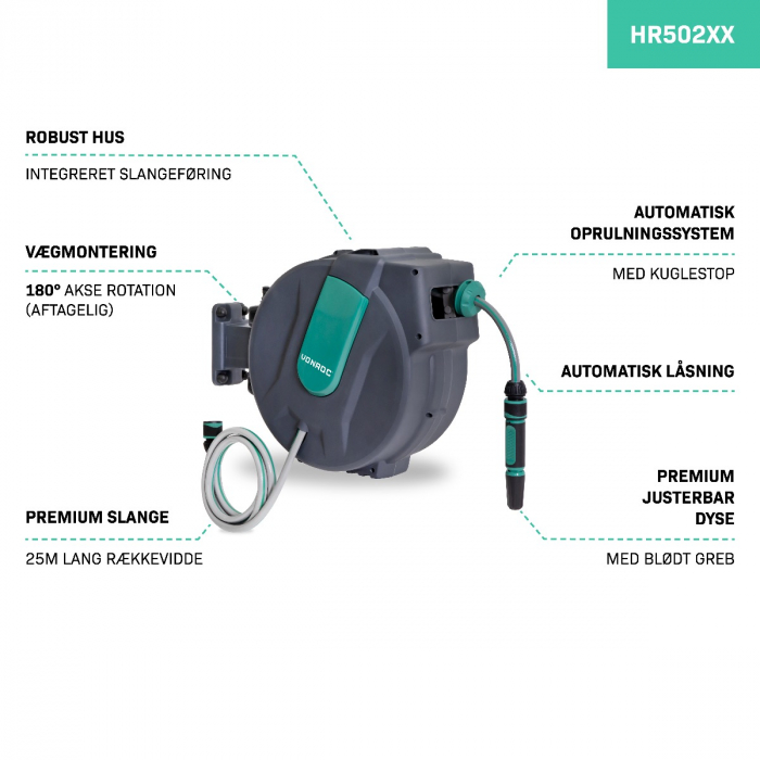 Automatic hose reel - Incl. 25m garden hose, nozzle and couplings