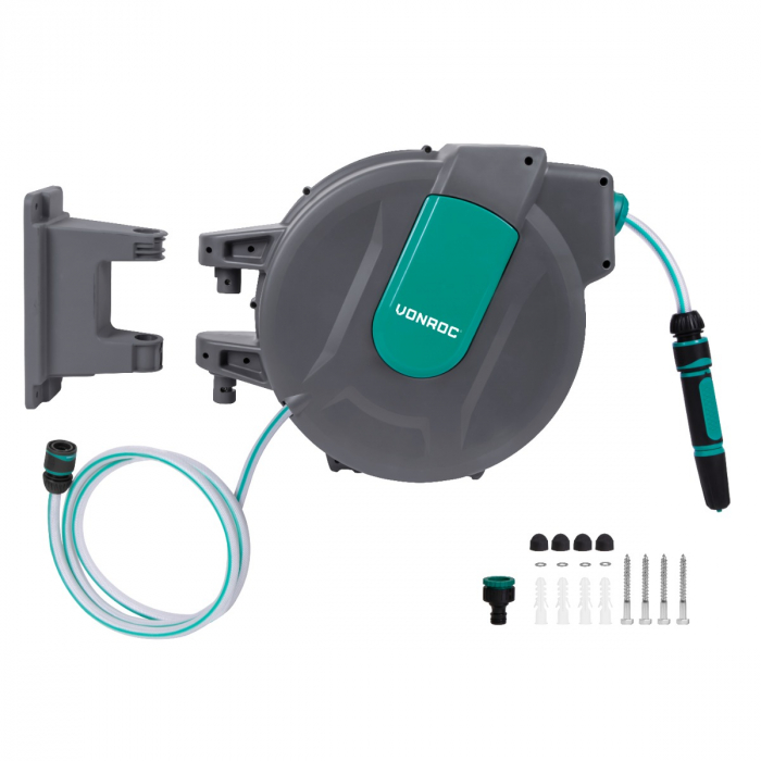 VONROC Automatic hose reel – Incl. 35m garden hose, nozzle and couplings
