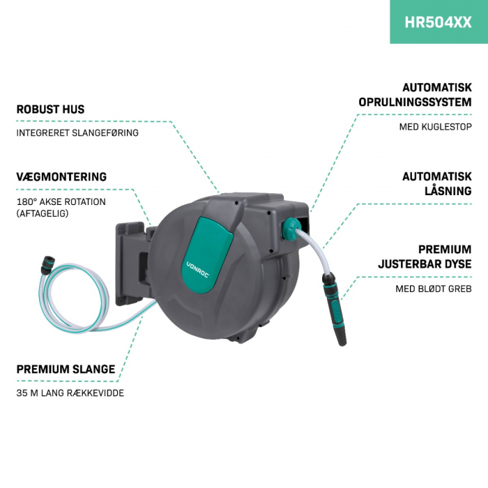 VONROC Automatic hose reel – Incl. 35m garden hose, nozzle and couplings