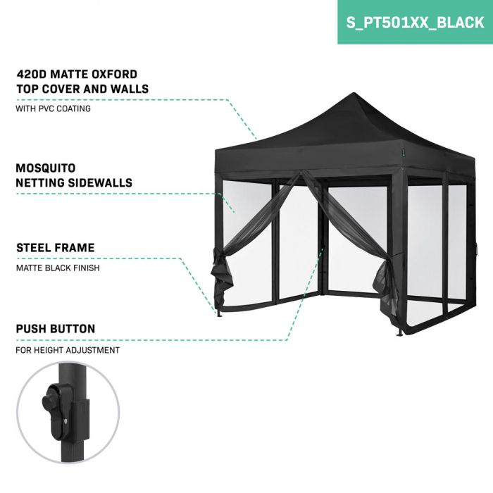 Easy-Up Party Tent - 3x3 m  | Set incl. Mosquito Netting Sidewalls - Black