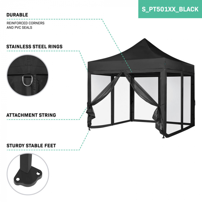 Easy-Up Party Tent - 3x3 m  | Set incl. Mosquito Netting Sidewalls - Black