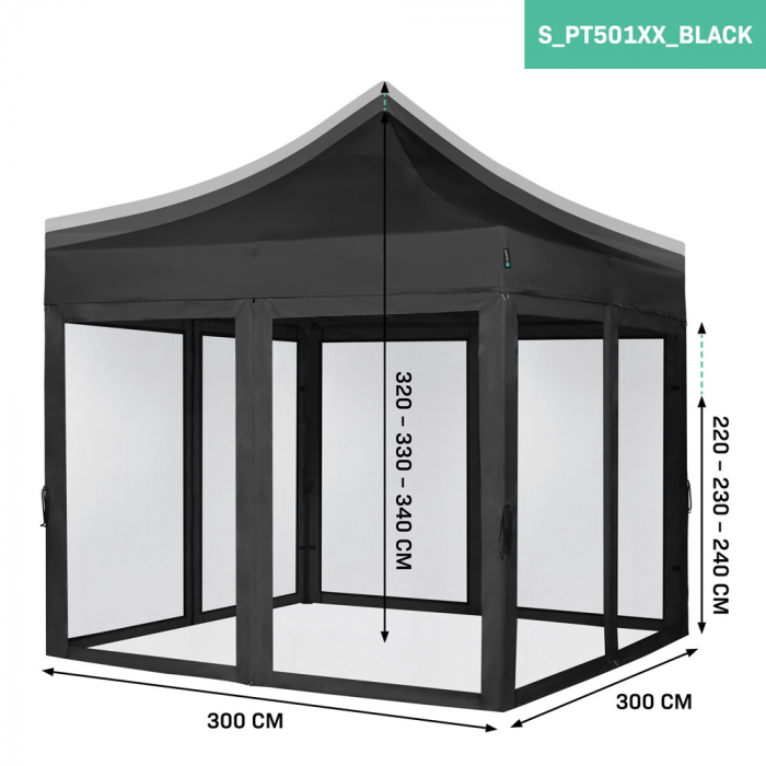 Easy-Up Party Tent - 3x3 m  | Set incl. Mosquito Netting Sidewalls - Black
