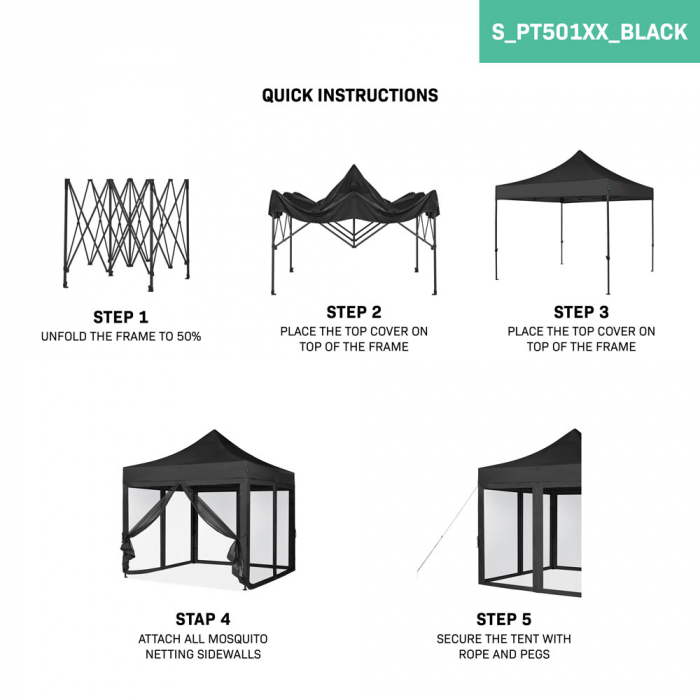 Easy-Up Party Tent - 3x3 m  | Set incl. Mosquito Netting Sidewalls - Black