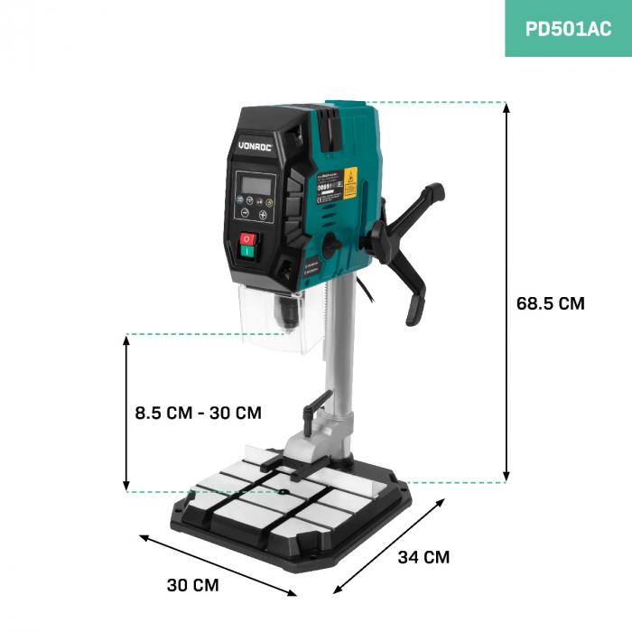 Pillar Drill 900W – With digital control panel and LCD display | Incl. Accessories