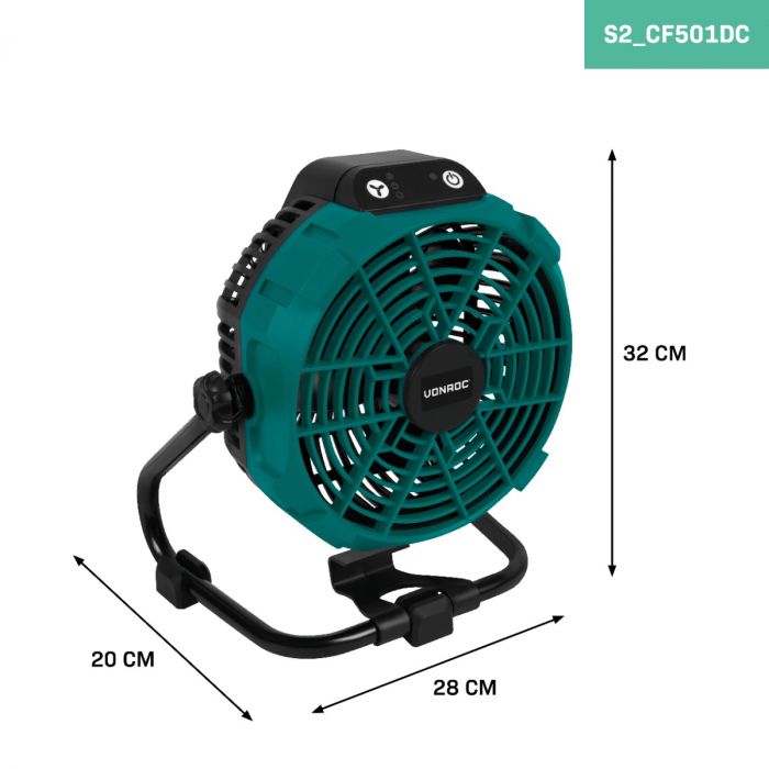 Cordless fan 20V – hybrid battery or AC powered | Incl. AC adapter – incl. 2x 2.0Ah battery and quick charger