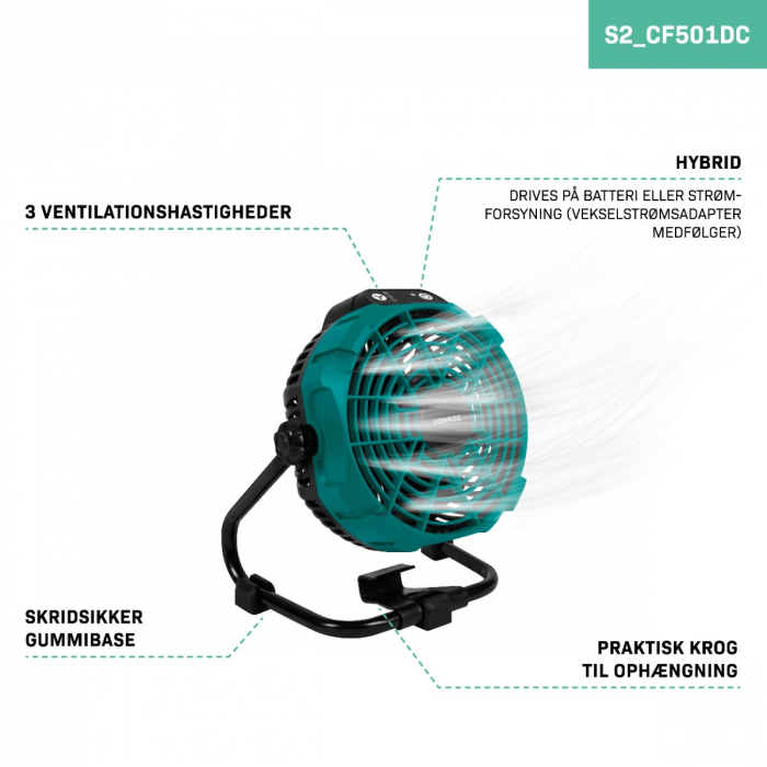 Cordless fan 20V – hybrid battery or AC powered | Incl. AC adapter – incl. 2x 2.0Ah battery and quick charger