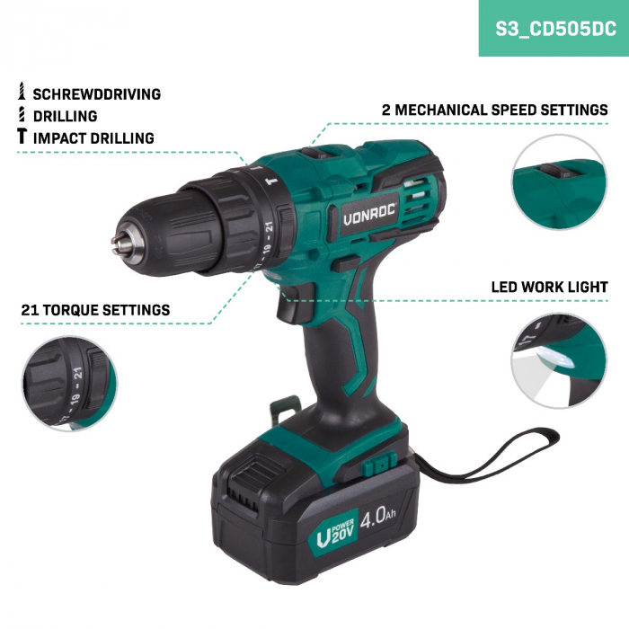 Cordless impact drill 20V - 4.0Ah | Incl. battery and charger