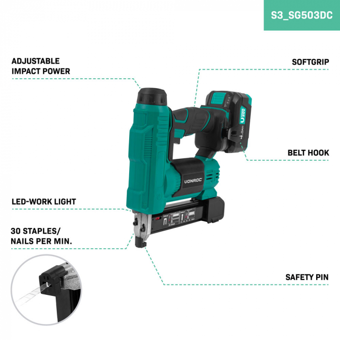 Staple gun 20V – 4.0Ah - Incl. staples and nails | Incl. battery and quick charger