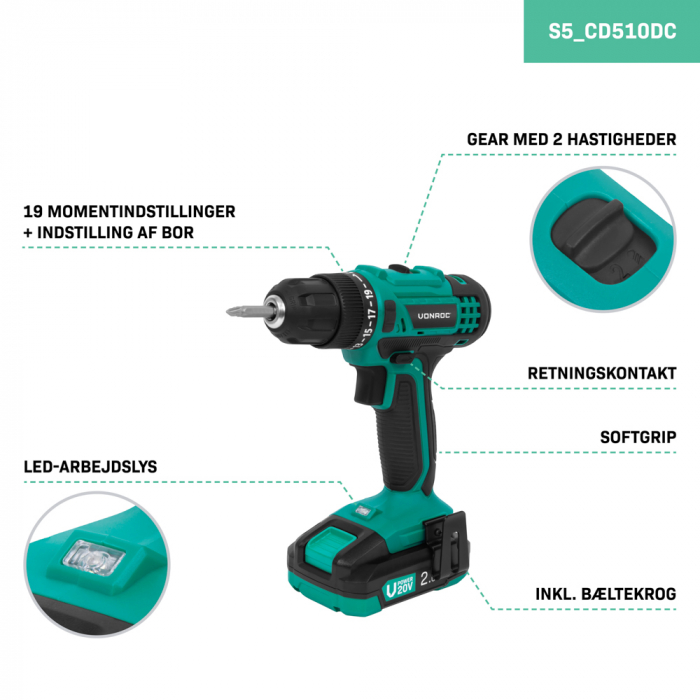 Cordless Drill 20V | Incl. 2.0Ah Battery, Charger, and 46 accessories in premium case