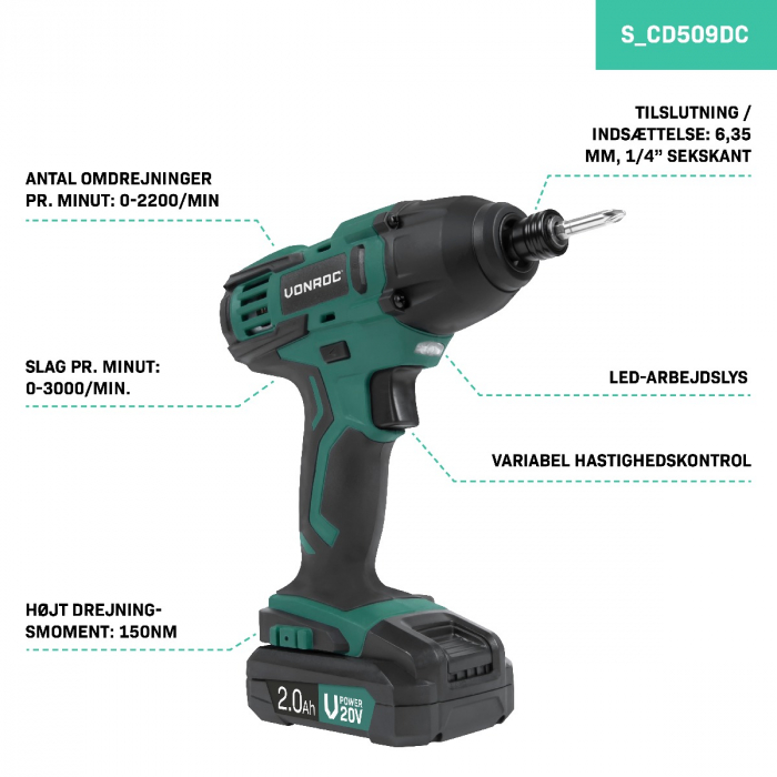 Cordless impact driver 20V - 2.0Ah | Incl. battery and quick charger