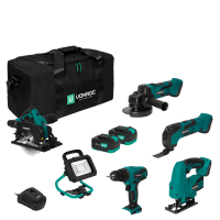Værktøjssæt VPower 20V | Boremaskine, Stiksav, Multiværktøj, Vinkelsliber, Rundsav, LED-lampe | Inkl. 2x 4.0Ah akku, oplader og taske